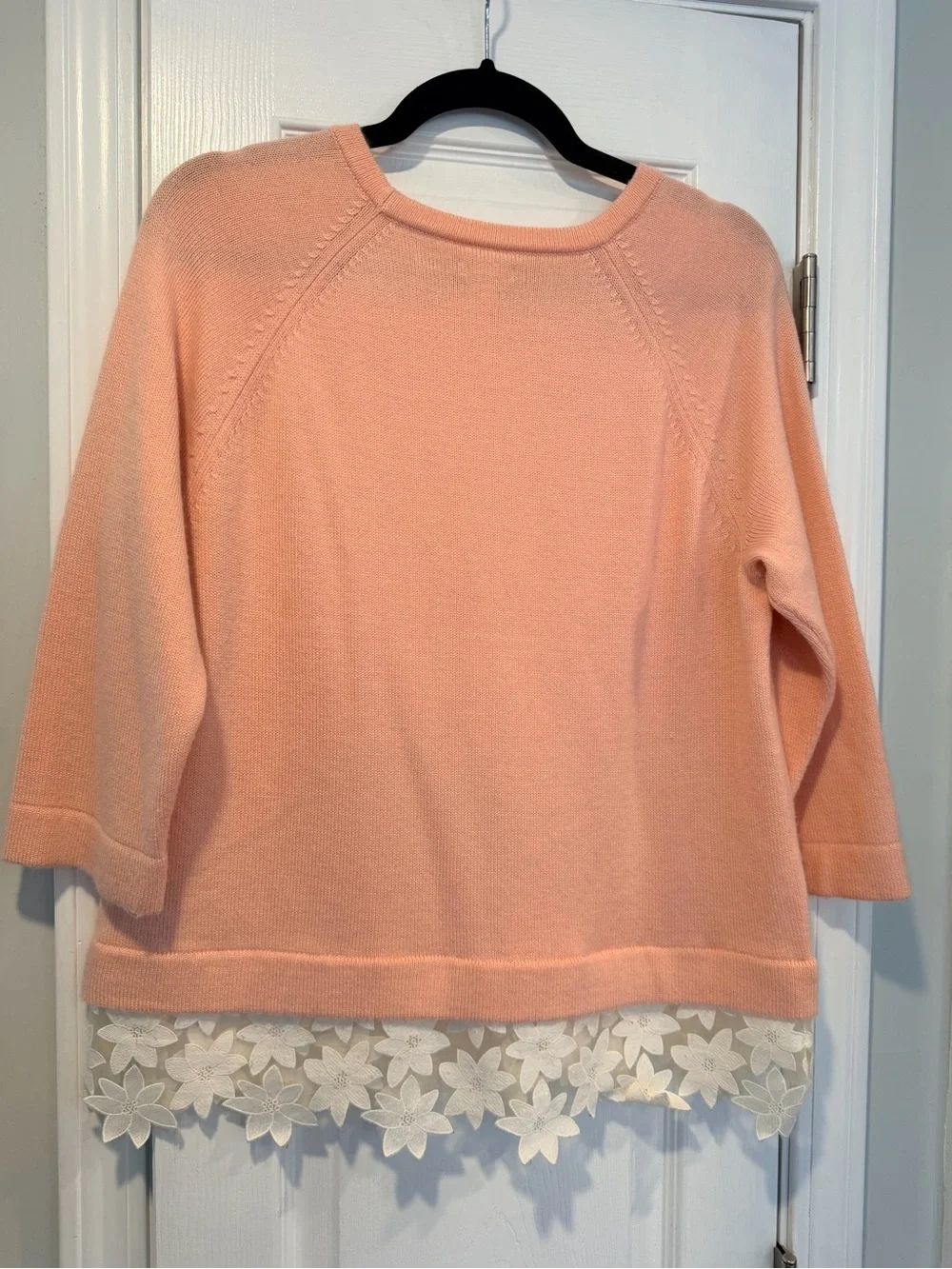 J.Crew Size M Peach Knit Sweater w Floral Lace Hem Merino Wool Blend 3/4 Sleeve